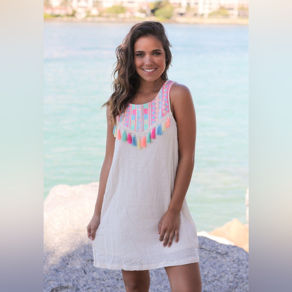 Beige Short Dress with Fringe Detail